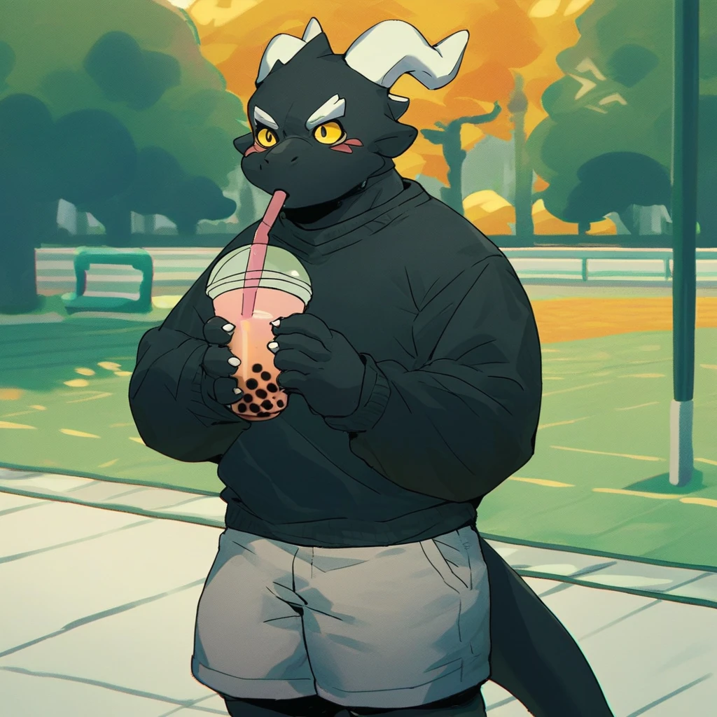 score_9_up, score_8_up, score_7_up, source_furry, mikus-kounfuyu, black dragon, black body, white horns, yellow eyes, park, holding, bubble tea, black sweater, gray shorts, 1boy, solo