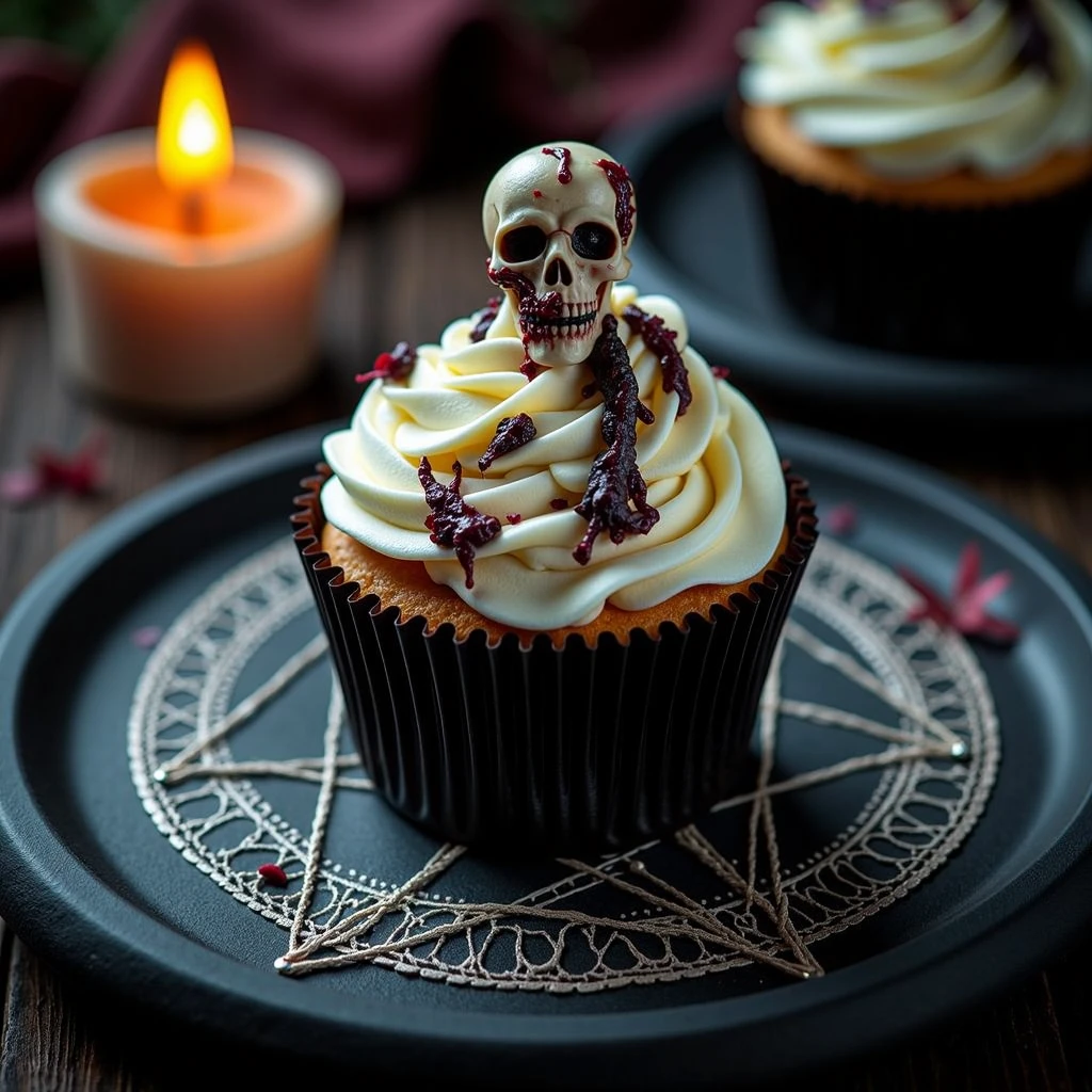 long shot scenic professional photograph of zombie cupcake resting on a black altar with inverted pentagram, conjuring circle <lora:hallowen-spooky-cupcakes:1>, Photorealistic, Hyperrealistic, Hyperdetailed, analog style, soft lighting, subsurface scattering, realistic, heavy shadow, masterpiece, best quality, ultra realistic, 8k, golden ratio, Intricate, High Detail, film photography, soft focus, perfect viewpoint, highly detailed, wide-angle lens, hyper realistic, with dramatic sky, polarizing filter, natural lighting, vivid colors, everything in sharp focus, HDR, UHD, 64K