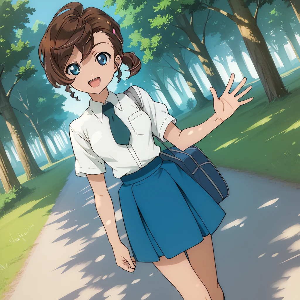 score_9, score_8_up, score_7_up, 1girl, solo, uncensored,  manainuyama, 1girl, solo, smile, open mouth, waving, looking at viewer, walking, dutch angle, white shirt, blue necktie, brown hair, blue eyes, blue skirt, outdoors, forest, path, grass, trees <lora:ManaInuyamaXL_v1.0:1>