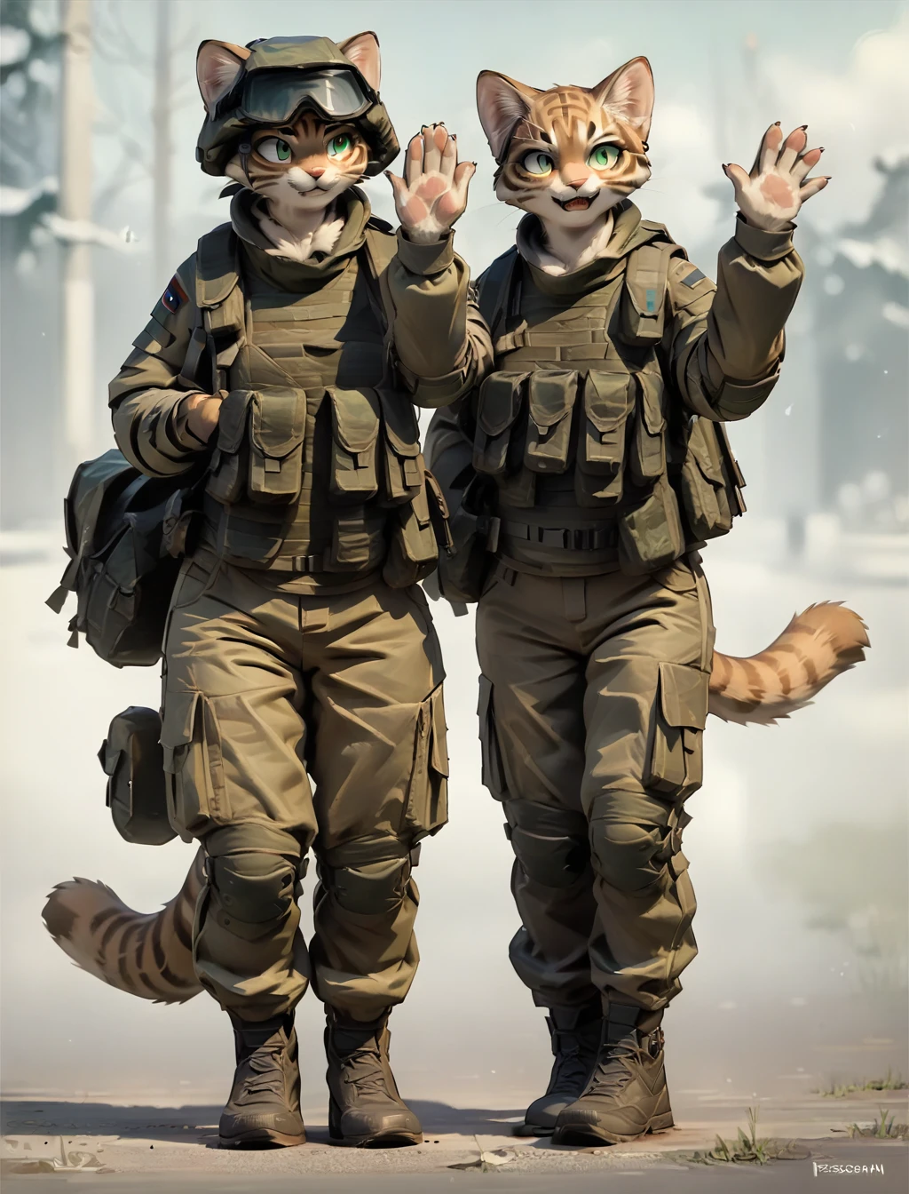 score_9, score_8_up, score_7_up, score_6_up,score_5_up, source_anime, RussianSoldier, female, furry cat, waving, standing, full body, <lora:RussianSoldierV3-000004:1>