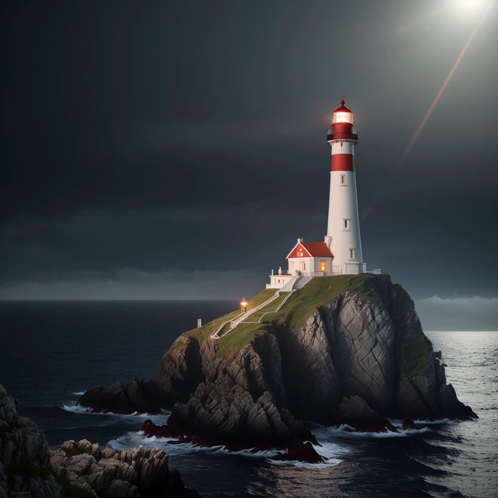 masterpiece, full scale wide shot photo, intricate photo, precisely detailed lighthouse with red-white colored ring-sections in the ocean on a rock by dark night, hazy fog on the water surface, blue neon backlight, cyberpunk, photo realistic, hyper realistic, highly detailed, sharp focus, high resolution, best quality, colorful, friendly colors, cozy outdoor lighting, 8K,  <lora:LighthouseConceptLora:1.0