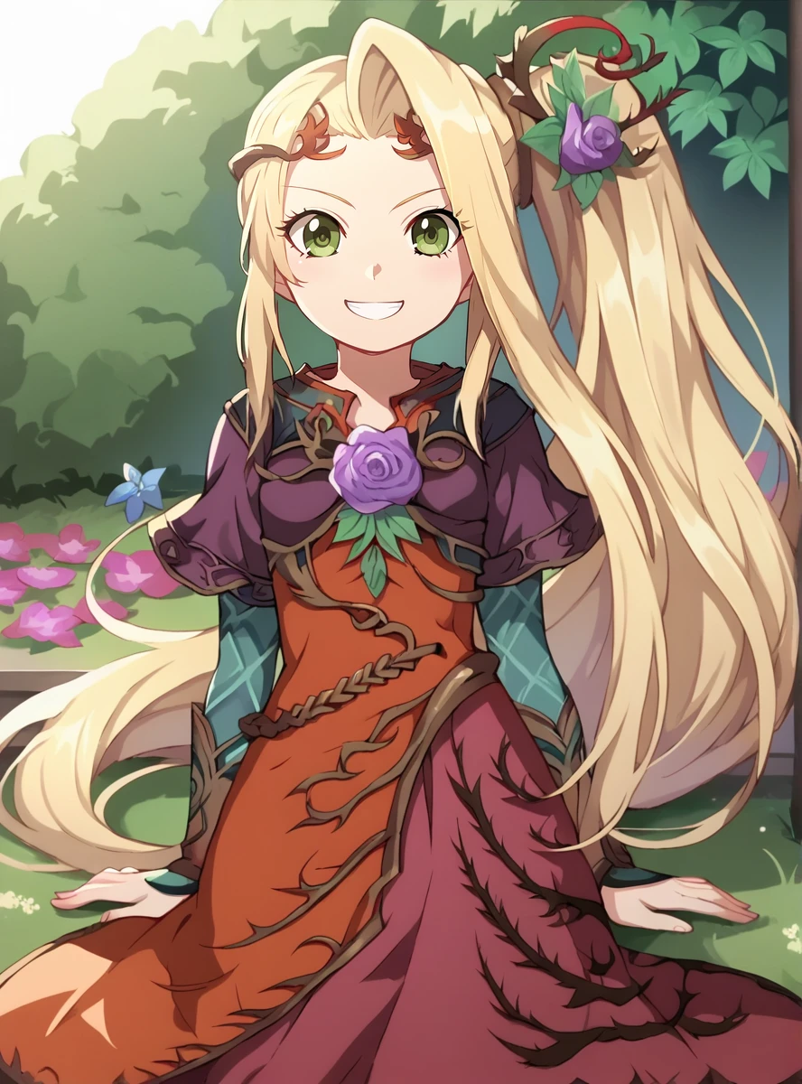 score_9, score_8_up, score_7_up, score_6_up source_anime, anime screencap, uncensored,  anime coloring,   <lora:ViridiXL:1>viridixl, long hair, 1girl, solo, blonde hair, flower, dress, hair ornament, smile, hair flower, green eyes, very long hair, ponytail smile, flower_garden garden