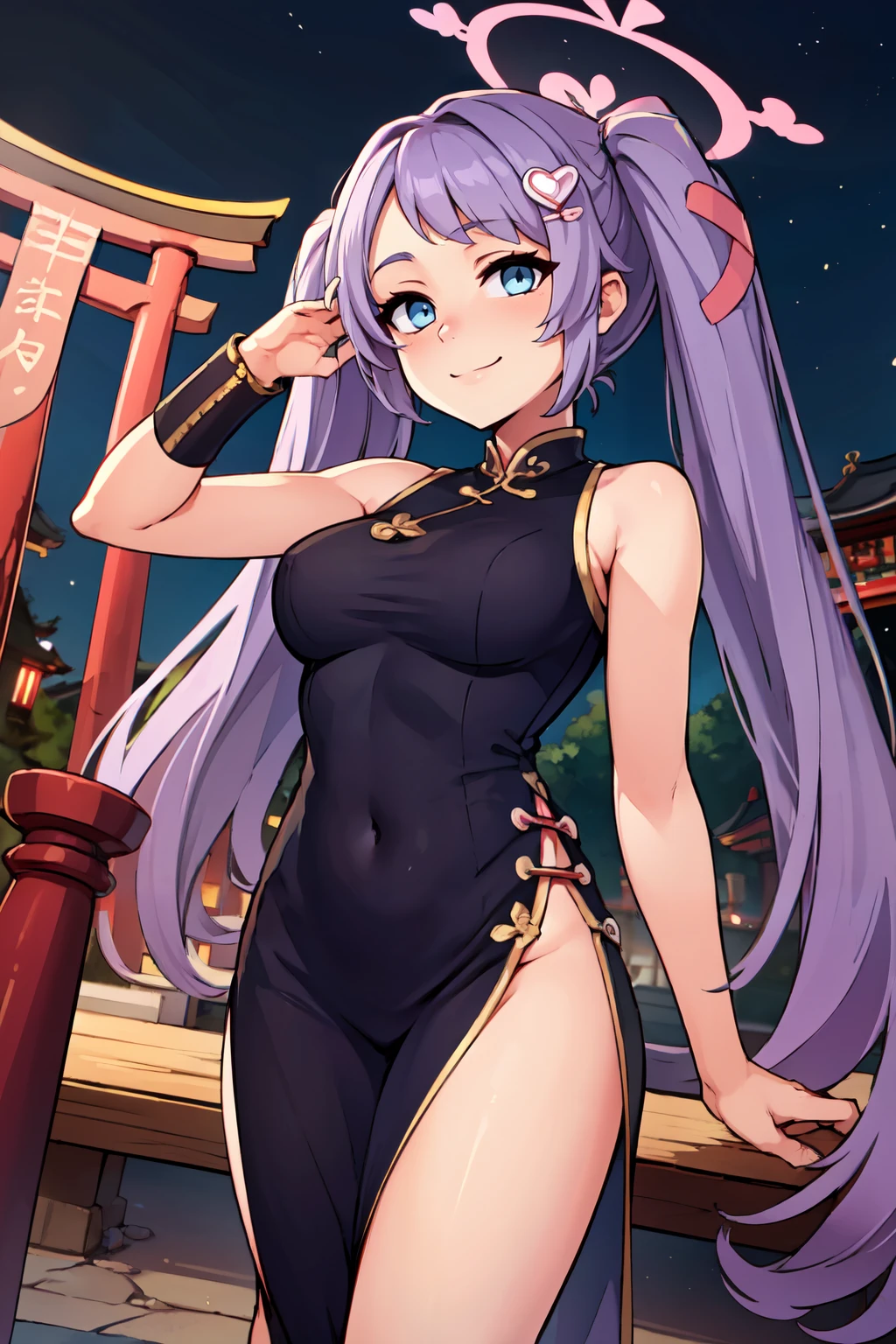 ((masterpiece,best quality)), absurdres,  BREAK, , <lora:Hanae_BlueArchive_Citron:0.8>, zzHanae, blue eyes, purple hair, long hair, twintails, halo, hair ornament,  , BREAK,  china dress, pelvic curtain, side slit, sleeveless, print dress, covered navel, no panties, outdoors, night, torii, shrine, east asian architecture, leaning forward, hand on own thigh, from above,, BREAK, solo, smile, looking at viewer, cowboy shot,