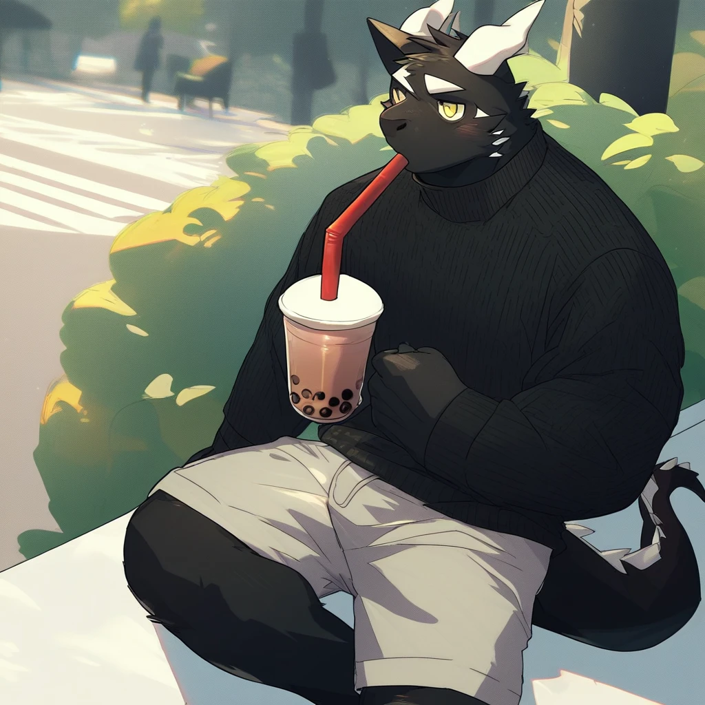 score_9_up, score_8_up, score_7_up, source_furry, mikus-nico26b, black dragon, black body, white horns, yellow eyes, park, holding, bubble tea, black sweater, gray shorts, 1boy, solo