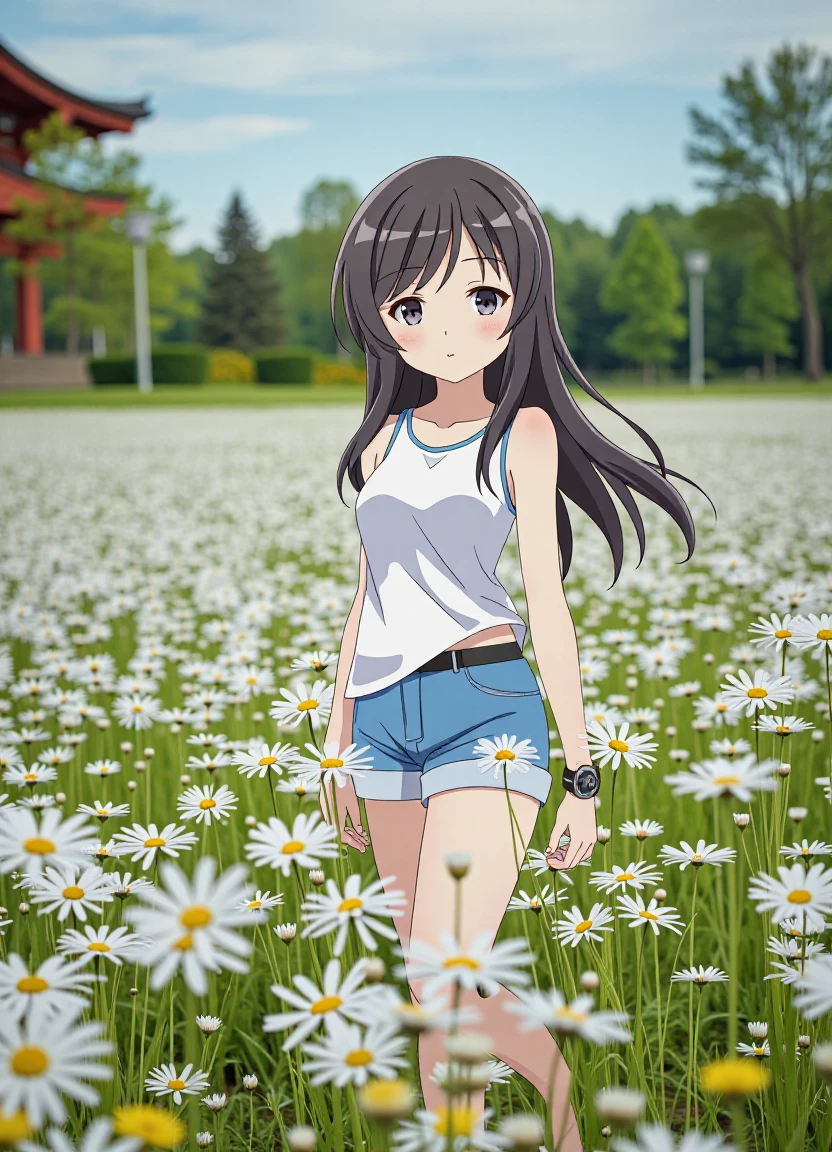 photo background, animeirl, 1girl, long hair, solo, black hair, black eyes, flower, blurry, shorts, outdoors