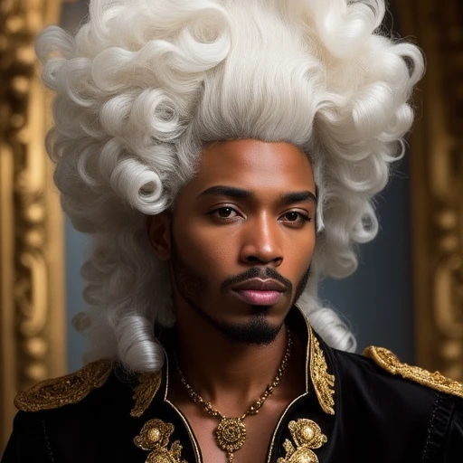 Hyperrealism, extreme close-up portrait of a handsome black man, exuding confidence, expressive eyes, making this image a masterpiece of photography and digital art. Style: realistic hyper-detailed rendering, 32k UHD, graphic design, white rococo wig
<lora:HAROQUE2FLUX-000001:0.9>