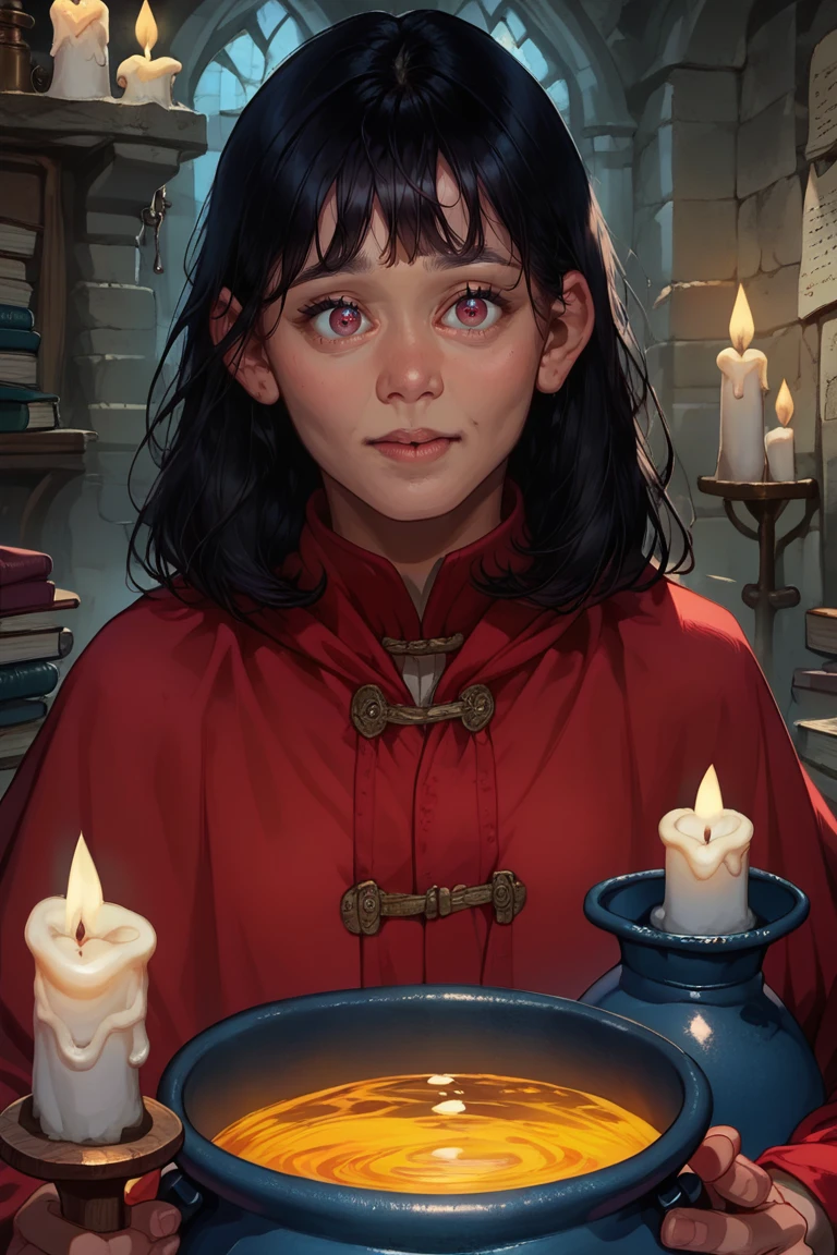 score_9, score_8, score_7, dressed as a wizard, cauldron, candles, old books, castle in background, female, 1girl, solo female,black hair,Lee_Kiefer, bangs, open eyes<lora:EMS-462213-EMS:1.000000>