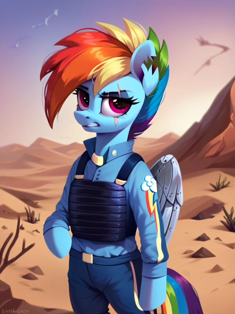 score_9, score_8_up, score_7_up, score_6_up, score_5_up, score_4_up, source_pony, anthro pony, Apocalypse_Rainbow_Dash, notched ear, scar across eye, mechanical wing, prosthetic wing, uniform, body armor, bulletproof vest, desert, detailed background, detailed face, detailed eyes, <lora:apocdash-v1:1>