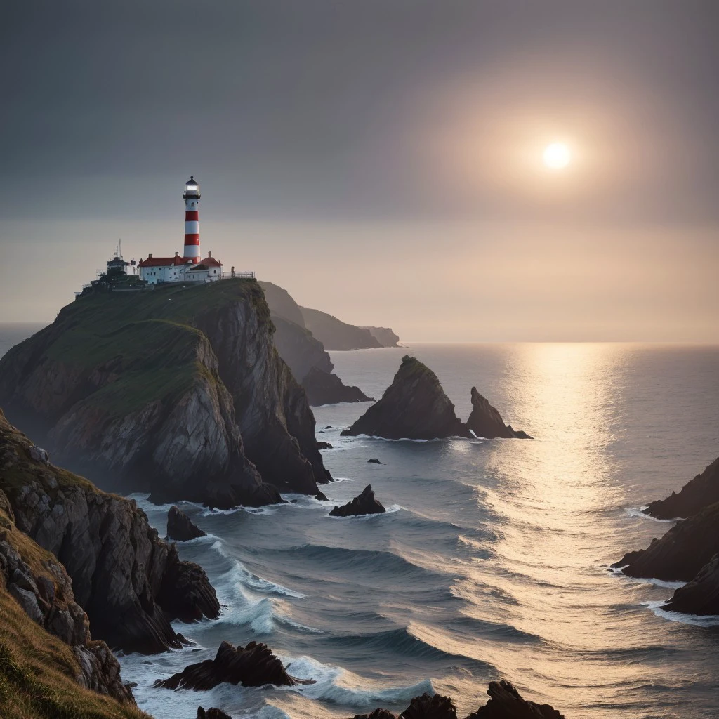 masterpiece, full scale wide shot photo, intricate photo, precisely detailed lighthouse with red-white colored ring-sections in the ocean on a rock by dark night, hazy fog on the water surface, blue neon backlight, cyberpunk, photo realistic, hyper realistic, highly detailed, sharp focus, high resolution, best quality, colorful, friendly colors, cozy outdoor lighting, 8K,  <lora:LighthouseConceptLora:1.0