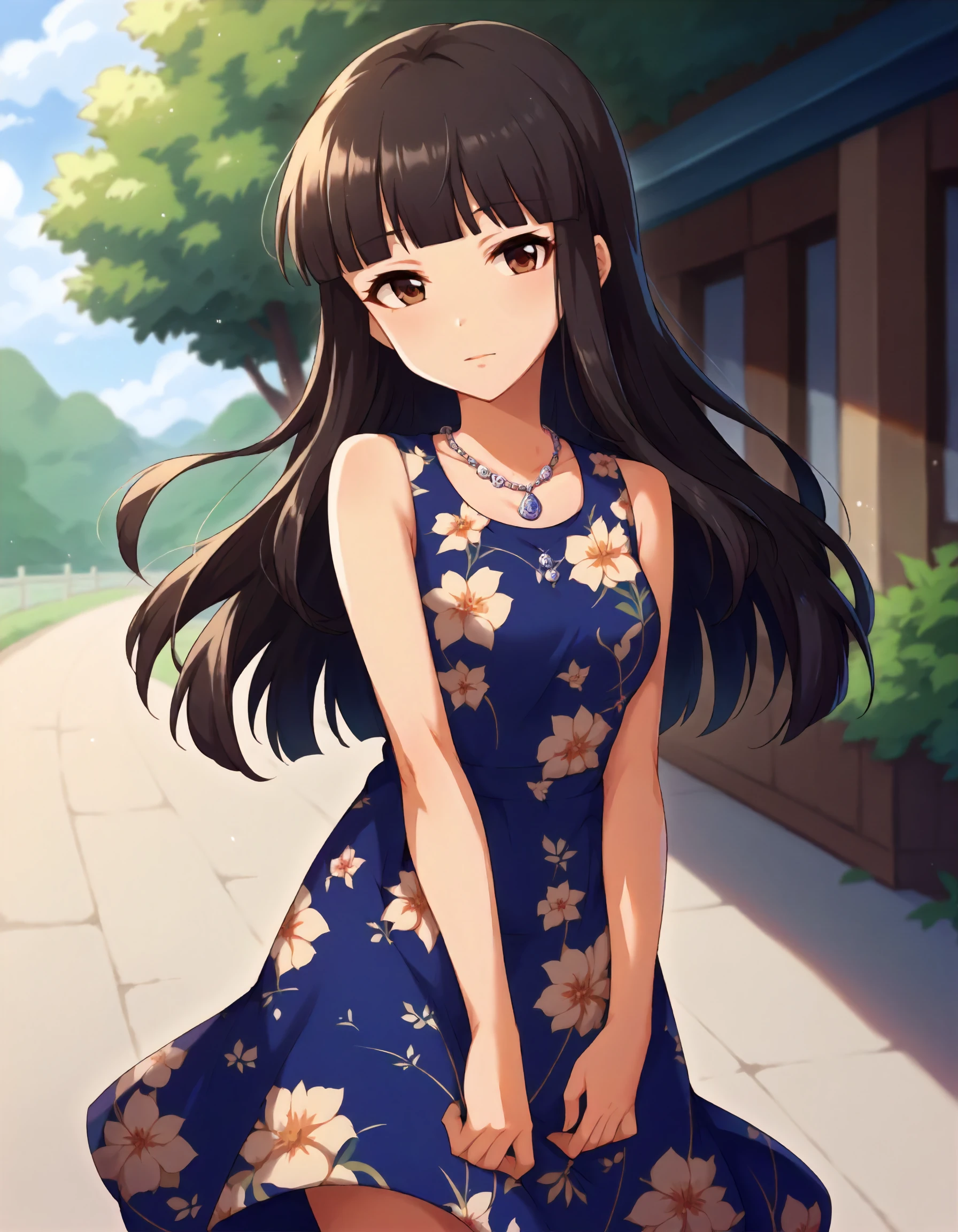 score_9,score_8_up,score_7_up,1girl,solo,cowboy shot,looking at viewer,outdoors,
<lora:kurokawachiaki_ponyXLV6:0.8>,cgkca,
black hair,long hair,blunt bangs,brown eyes,
blue dress,floral print,sleeveless,necklace