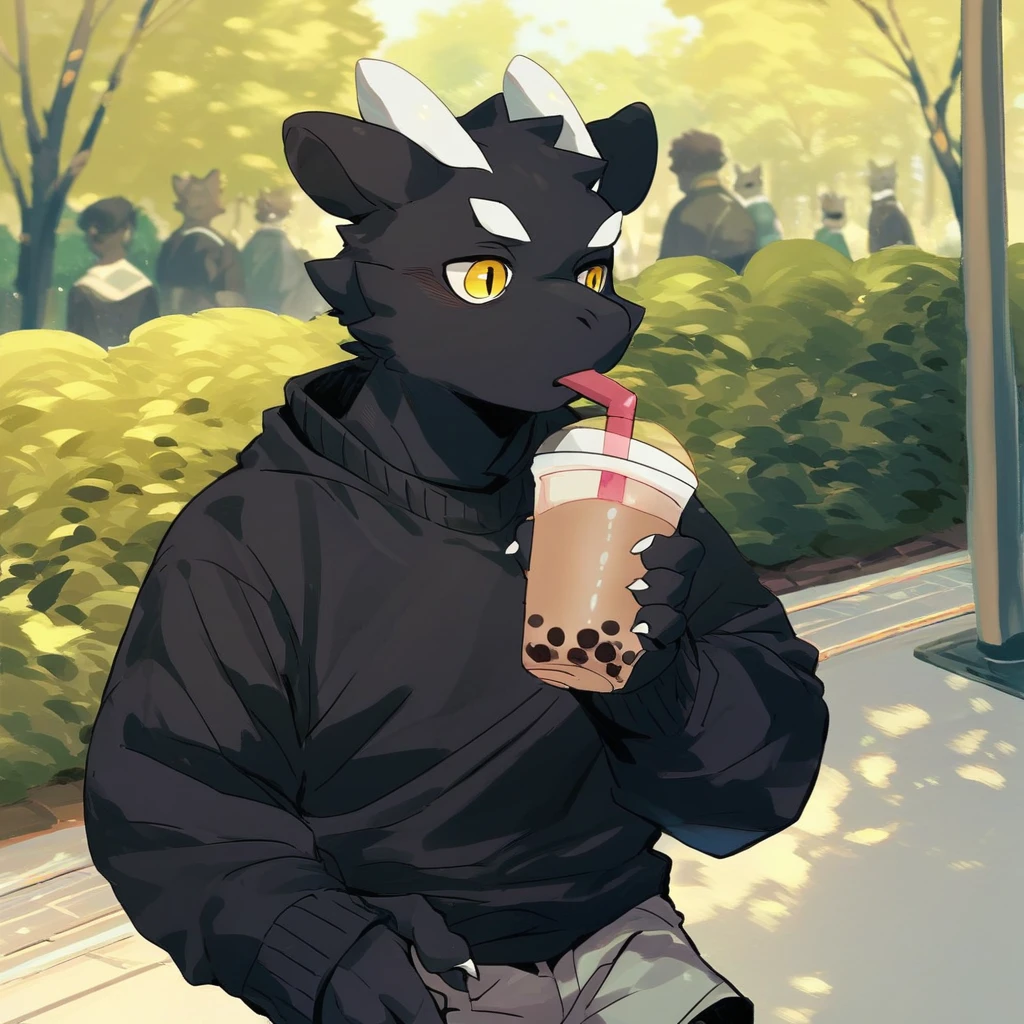 score_9_up, score_8_up, score_7_up, source_furry, mikus-kounfuyu, black dragon, black body, white horns, yellow eyes, park, holding, bubble tea, black sweater, gray shorts, 1boy, solo