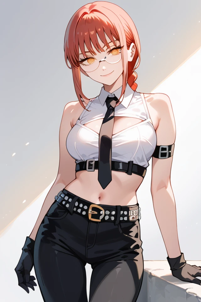 makima \(chainsaw man\), 1girl, ((red) hair), single braid, golden eyes, detailed outfit, looking at viewer, RAW photo, realistic, official art, soft lighting, ((white crop top, black necktie)), black gloves, shoulders, arm bands, long sleeves, navel, black pants, smirk, (aesthetic background), studded belt, glasses, sexy, erotic, seductive smile, big breasts, <lora:MakimaPonyXL-10:0.9>,