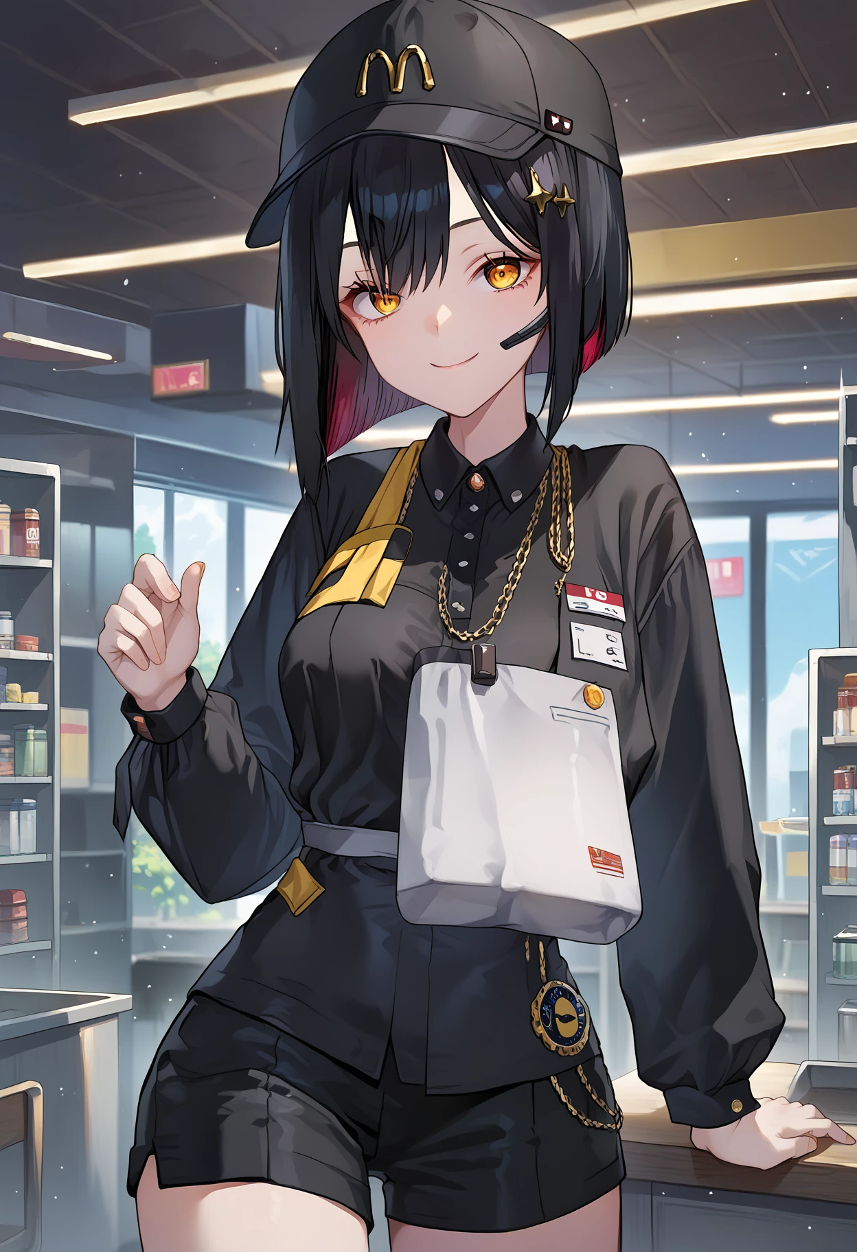 score_9, score_8_up, score_7_up, source_anime,
BREAK
1girl, solo,
<lora:nikkeRougeV1-000010:1>, shirogue, black hair, colored inner hair, yellow eyes, short hair, hairclip, bob cut,
<lora:shimcdonaldV1-000010:0.6>, mcuniform, mchat, employee uniform, baseball cap, black headwear, black shirt, black shorts, 
looking at viewer, smile,