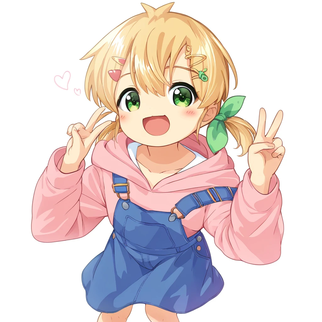 <lora:Style_pira6018:1>, score_9, score_8_up, score_7_up, source_anime, official style, green_eyes, solo, 1girl, hair_ornament, hood, white_background, hoodie, hairclip, overalls, smile, blonde_hair, v, simple_background, hood_down, twintails, open_mouth, looking_at_viewer, overall_skirt, long_sleeves, blush, :d, collarbone, pink_hoodie, green_ribbon, hands_up, ribbon, hair_between_eyes, hair_ribbon, heart, drawstring, clover_hair_ornament, feet_out_of_frame, standing