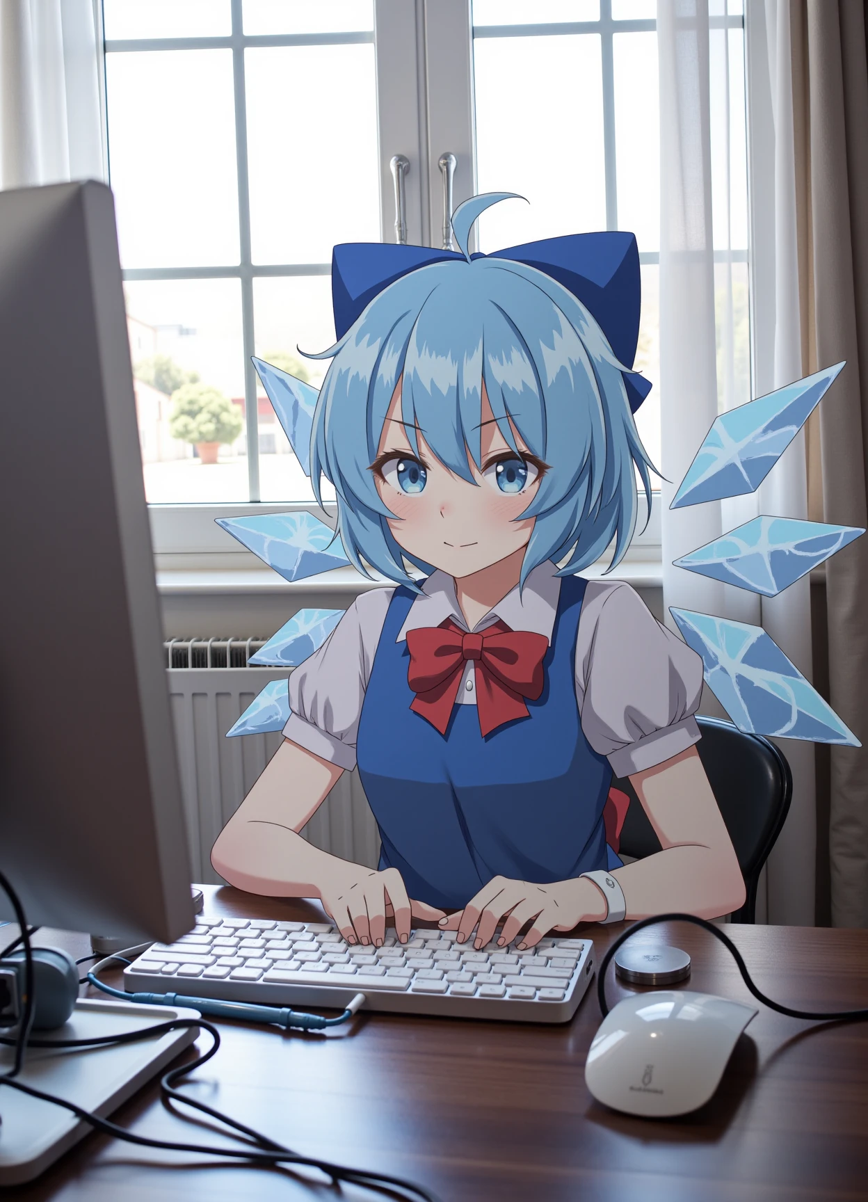 anirl, photo background, 1girl, cirno, ice wings, blue hair, short hair, blue eyes, blue hair bow, pinafore dress, red bow, sitting infront of computer, indoors, bedroom, window, sunlight, 