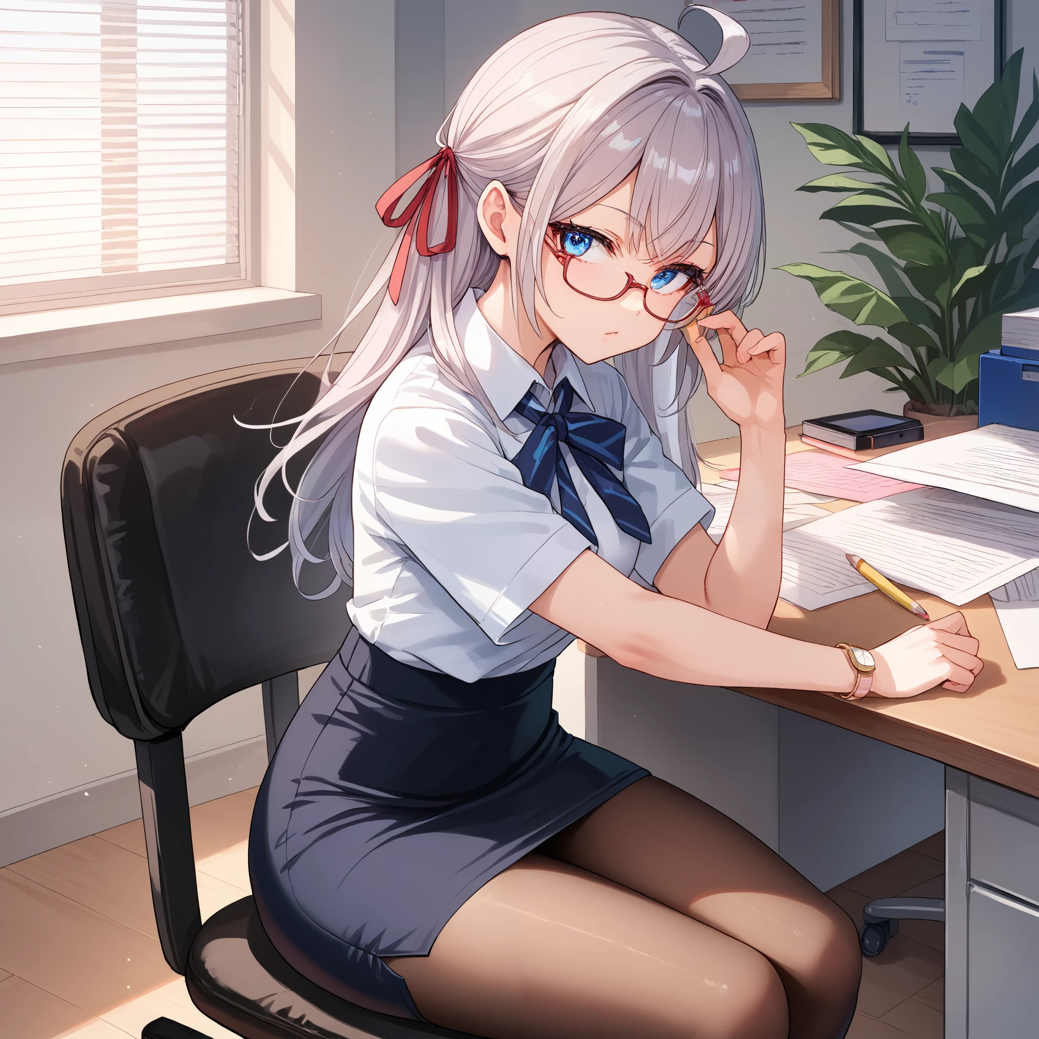 score_9, score_8_up, score_7_up, score_6_up, score_5_up, score_4_up, BREAK source_anime, look at viewer, rating_safe, 1girl, solo, office, sitting, office chair, masterpiece, best quality, high detailed skin,  alisa mikhailovna kujou, long hair, grey hair, ahoge, hair ribbon, blue eyes, office lady, white collared shirt, pencil skirt, pantyhose, glasses, short sleeves,