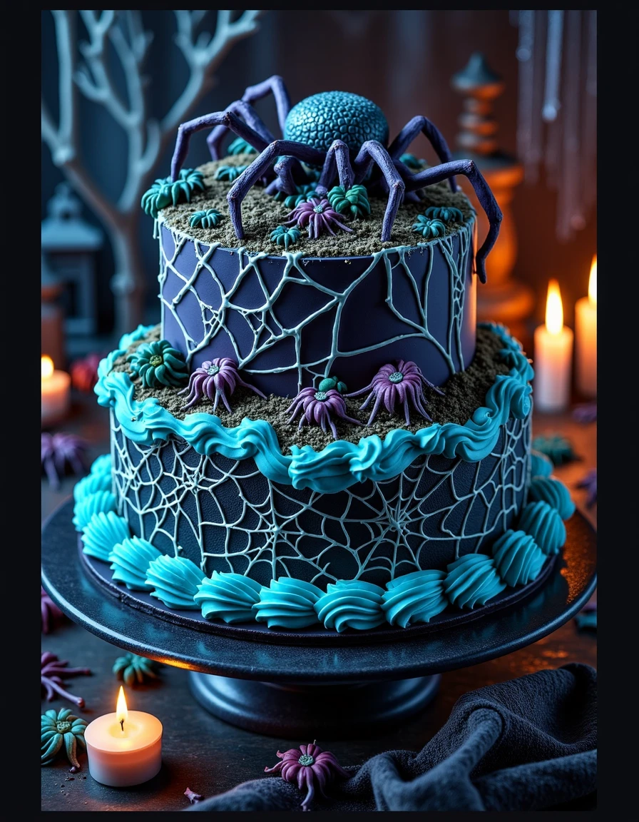 a cake with a  spiders and spider webs on top of  it,  on a black table, in a creepy crypt at night, with  candles, colors: blue, violet, green, creerck  <lora:creepy-and-eerie-cakes:1>