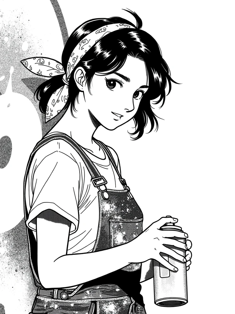 Hoko, a black and white painting of a young street artist. She's in the process of creating a mural, spray paint can in hand. Her hair is tied back with a bandana, and paint splatters cover her overalls. The half-finished mural behind her shows her talent and creativity.