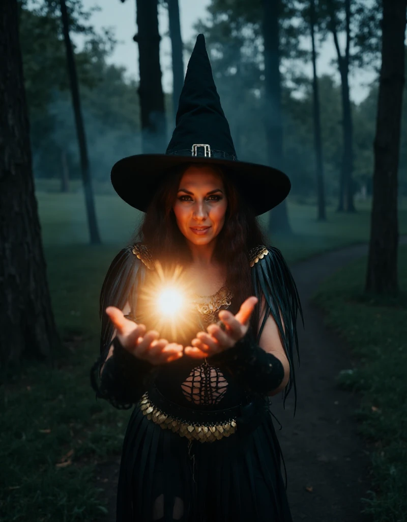 Johanna von der Vögelweide is a witch with a witch hat in a dark forest. She is casting a spell making an energy ball with her hands.  <lora:Johanna_von_der_Vögelweide:0.9>