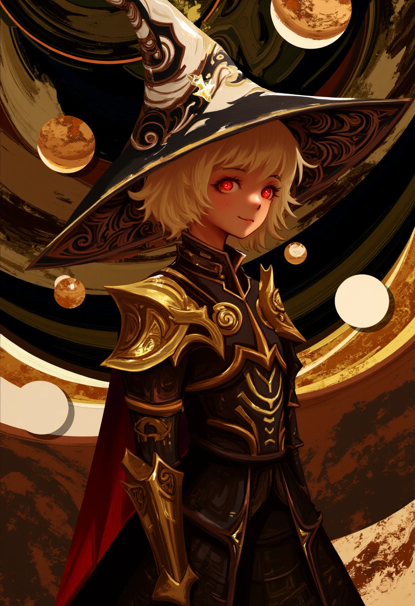 Highly detailed abstract illustration. The central figure is a young woman with fair skin and short, tousled blonde hair. She wears a large, ornate witch's hat adorned with intricate, swirling patterns in shades of black, white, and gold. Her eyes are a striking, vivid red, adding a sense of mystery and otherworldliness to her appearance. She is dressed in an elaborate, armor-like garment that combines elements of fantasy and steampunk aesthetics. The armor is predominantly black and gold, with intricate, metallic designs that resemble gears and cogs, giving it a mechanical yet fantastical appearance. The background is a chaotic mix of swirling, abstract patterns in various shades of brown, black, and gold, creating a sense of movement and depth. Large, circular shapes in shades of white and gold are interspersed throughout the background, adding to the dynamic and chaotic nature of the image. The overall color palette is dominated by earthy tones, with splashes of vibrant red and gold that stand out against the darker hues. The illustration combines elements of fantasy, steampunk, and abstract art, with a high level of detail and texture, creating a rich, immersive visual experience. <lora:AbstractFlux1-sv_fro-0.97-16:1>