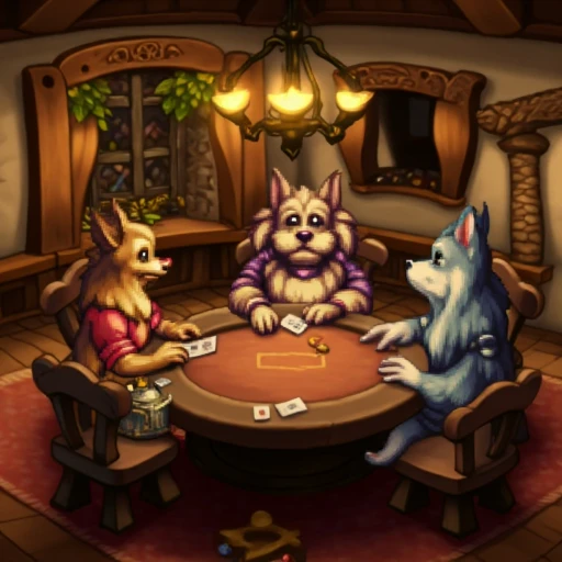 lomstyle, three dogs sitting at a table playing poker together