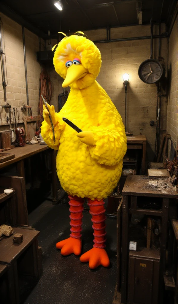 BigBird is a psychokiller. He lives in a dungeon with torture equipments and is cleaning a set of knife. <lora:BigBird:0.9>