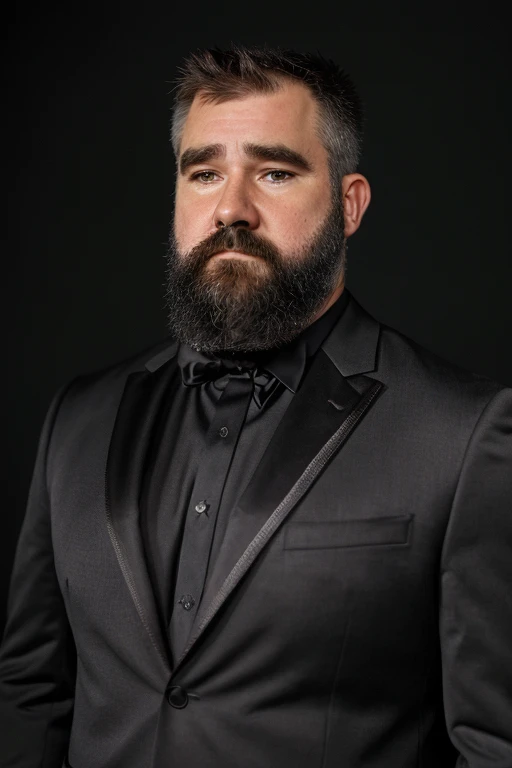 <lora:Kelces:1> JasonK, black suit, handsome, beard, portrait, dramatic lighting