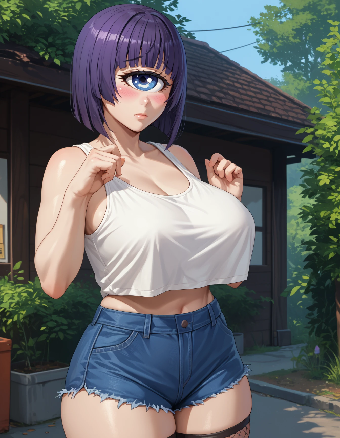 score_9, score_8_up, score_7_up,score_6_up  source_anime,  1girl,huge breasts,wide hips,thick thighs,tank top,highleg shorts, denim shorts,fishnet thighhighs, outdoors,blush,embarrassed, 
manako,  cyclops, blue eyes,purple hair,monster girl,
<lora:manako-koto-PonyXL 2:1>