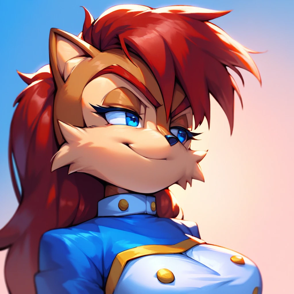 score_9, score_8_up, score_7_up, source_anime, 1girl, solo, anti sally acorn, furry, chipmunk girl, long hair, relaxed, red hair, blue eyes, smug, blue and white uniform with yellow trim, large breasts, upper body, close-up, <lora:Anti_SallyMoebiusPrincess_Alicia_for_PONY_XL:0.9>