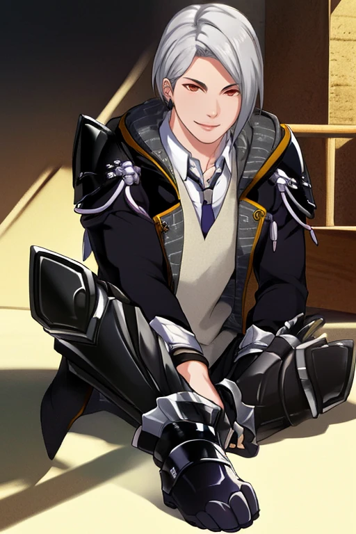 (masterpiece),(best_quality),1boy,Makora,hooded jacket,black necktie,shoulder armor,flower knot,single vambrace,armored boots,paw shoes,sitting,smile,<lora:Makora:1>,