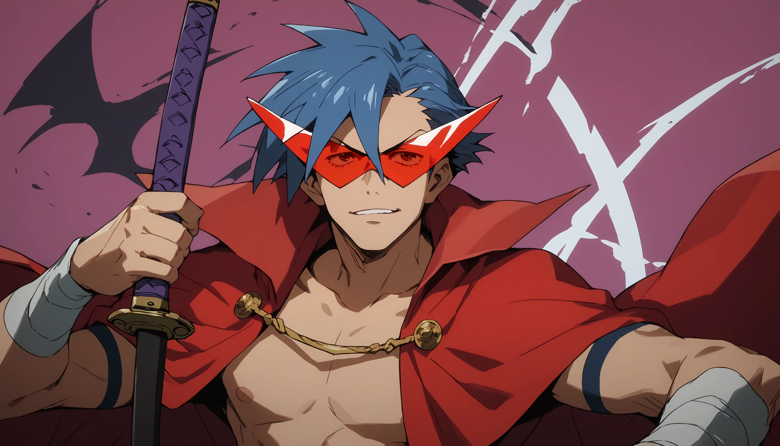 kami_gl, male, blue hair, sunglasses, holding katana, cape, detailed background, score_9,score_8_up,score_7_up,score_6_up,