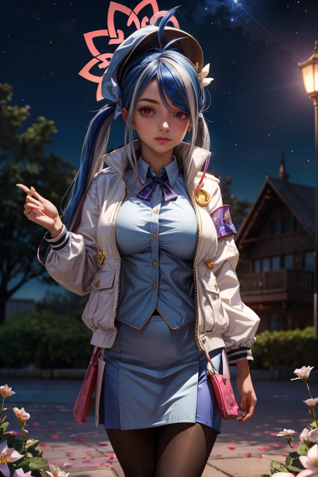 (ultra realistic,32k, masterpiece:1.2),(high detailed skin:1.1),( high quality:1.1), <lora:IllyasvielVonEinzbern_v1:0.7>, zzIllya, looking at viewer, night, outdoors, sky, BREAK,    <lora:Fubuki_BlueArchive_Citron:0.8>, zzFubuki, red eyes, blue hair, long hair, twintails, streaked hair, halo, hair bow, grey hair white jacket, blue vest, blue skirt, white shirt, black pantyhose, doughnut, heart hair ornament,   BREAK,  blooming stars, luminescent petals, otherworldly fragrance blurry background, (looking at viewer, standing:1.1), huge breast, large breast, <lora:add_detail:0.92>, (glowwave:1.1),