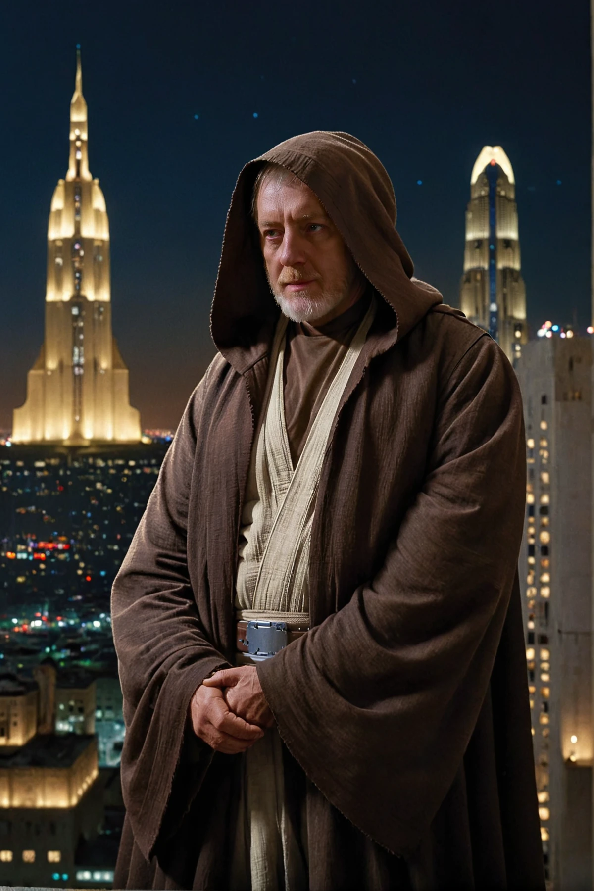 (extreme close-up1.5) (side view1.5) shot of  from <lora:Old_Ben_Kenobi:0.8> Old Ben Kenobi from Star Wars movie a New Hope wearing hooded dark brown cloak, hands beckoning, standing in front of balcony, serious expression, angry, background of <lora:Coruscant:0.9> Coruscant a futuristic city with a lot of tall buildings, in star wars style, outdoors, sky, dusk, clouds, building, scenery, science fiction, city, aircraft, fantasy, cityscape, skyscraper, tower, city lights, captured with a 5d camera, in HDR, 8k resolution, sharp focus, infused with a graphic novel aesthetic, cinematic, detailed, motion picture style, realistic, sci fi style, cinematic light, perfect color, perfect scene, shallow depth of field, vignette, highly detailed, high budget, bokeh, cinemascope, moody, epic, masterpiece, <lora:Rembrandt Lighting style v2:0.6> Rembrandt Lighting style, in the dark Low-key lighting Style <lora:Low-key lighting Style:0.6>