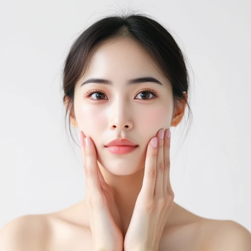 A beautiful Korean woman with clean and delicate skin, holding her face in both hands, looks at the camera with bright eyes, against a white background. This portrait photography showcases her skin care products on her cheeks, light makeup, soft tones, and natural lighting, with a shallow depth of field and close-up shots, creating a fresh feeling