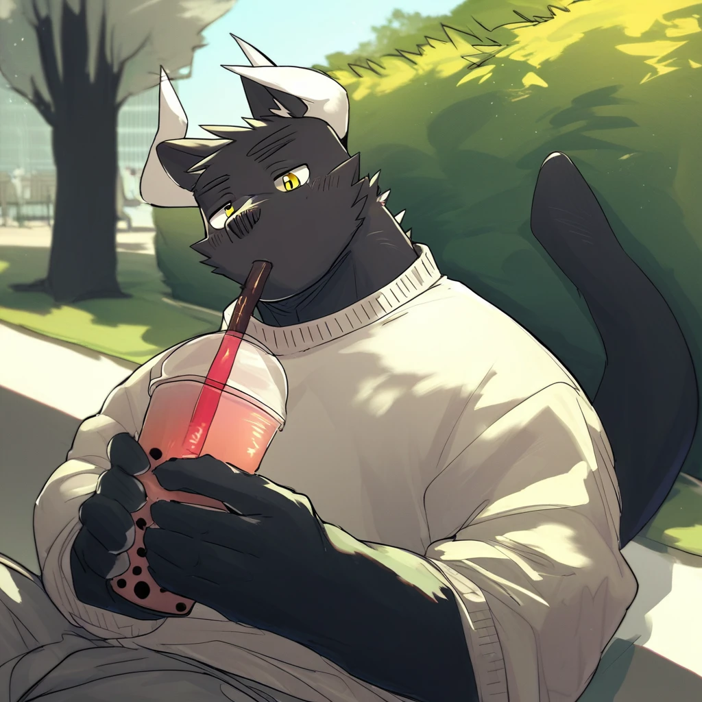 score_9_up, score_8_up, score_7_up, source_furry, mikus-nico26b, black dragon, black body, white horns, yellow eyes, park, holding, bubble tea, black sweater, gray shorts, 1boy, solo