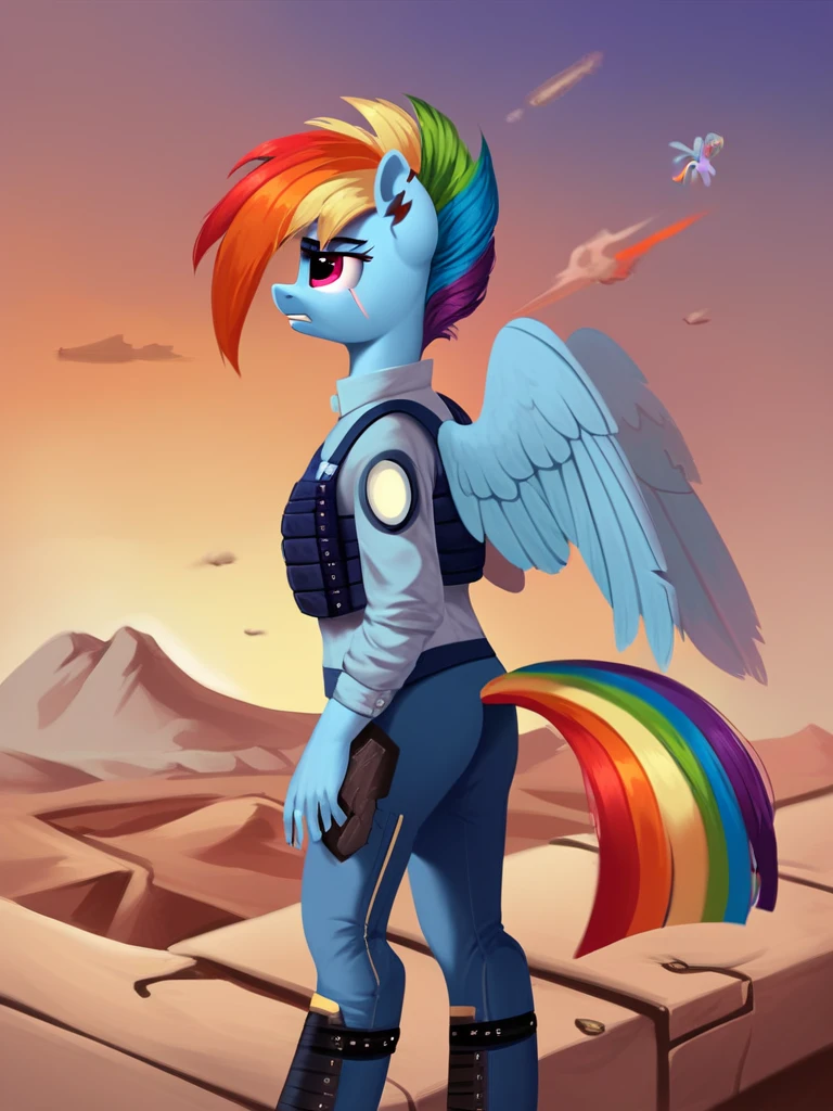 score_9, score_8_up, score_7_up, score_6_up, score_5_up, score_4_up, source_pony, anthro pony, Apocalypse_Rainbow_Dash, notched ear, scar across eye, mechanical wing, prosthetic wing, uniform, body armor, bulletproof vest, desert, detailed background, detailed face, detailed eyes, <lora:apocdash-v1:1>