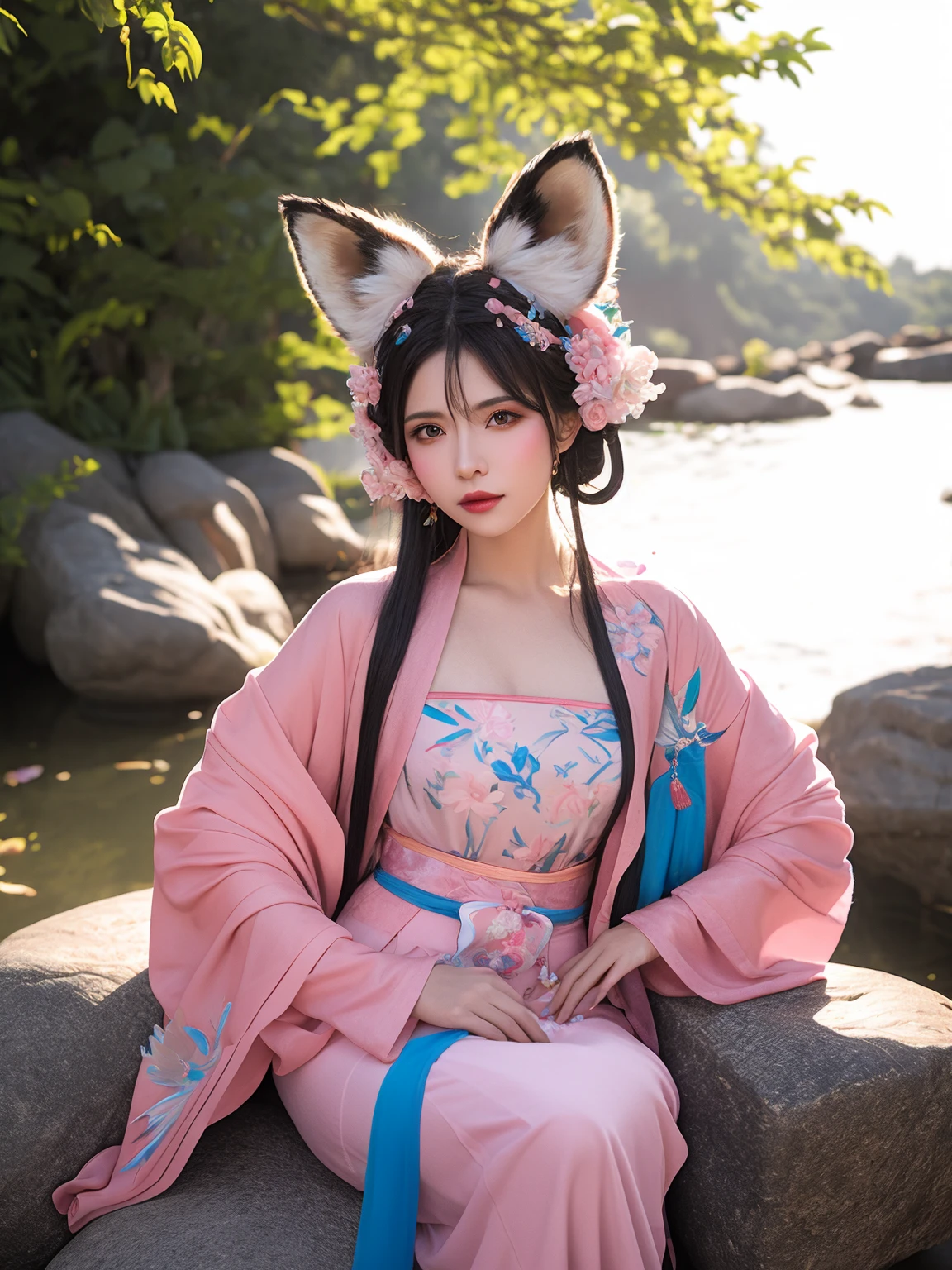 Photograph ethereal fantasy young woman in traditional Chinese attire seated on a rock wearing a flowing pink and blue robe adorned with floral hairpiece and fox ears holding a dizi soft lighting serene expression delicate petals scattered around dark background egyption of nature and culture evokes ancient Chinese dynasty aesthetics.