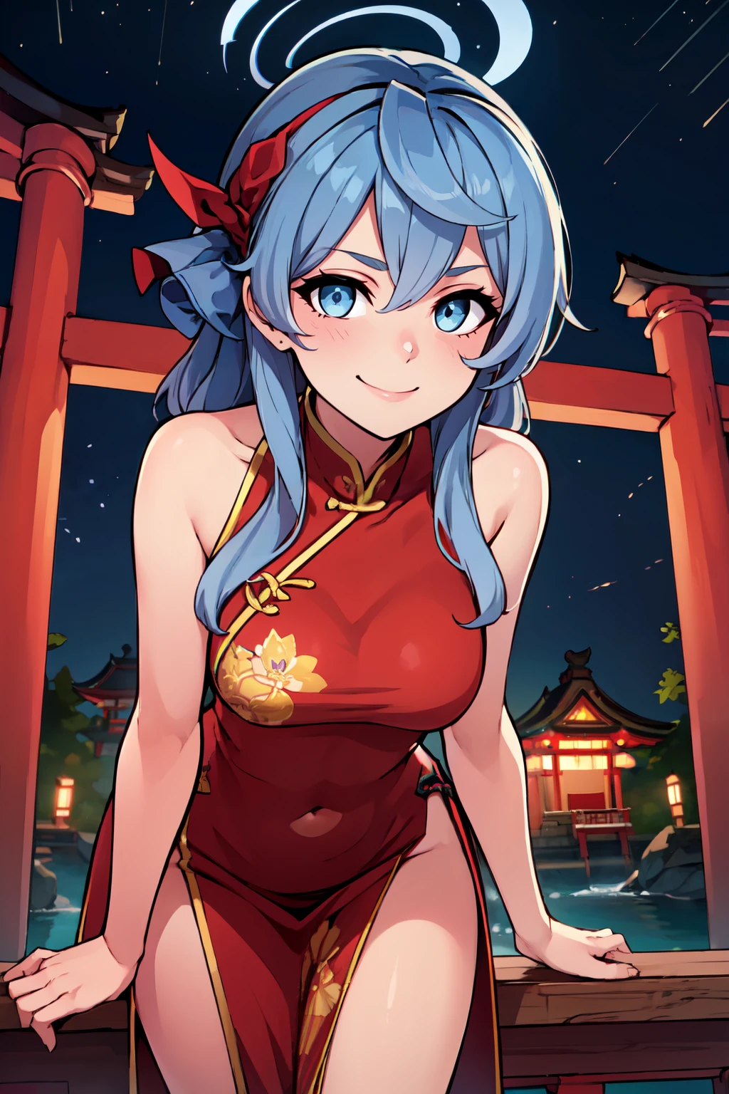 ((masterpiece,best quality)), absurdres,  BREAK, , <lora:Ako_BlueArchive_Citron:0.8>, zzAko, blue eyes, blue hair, long hair, hairband, halo,  , BREAK,  china dress, pelvic curtain, side slit, sleeveless, print dress, covered navel, no panties, outdoors, night, torii, shrine, east asian architecture, leaning forward, hand on own thigh, from above,, BREAK, solo, smile, looking at viewer, cowboy shot,