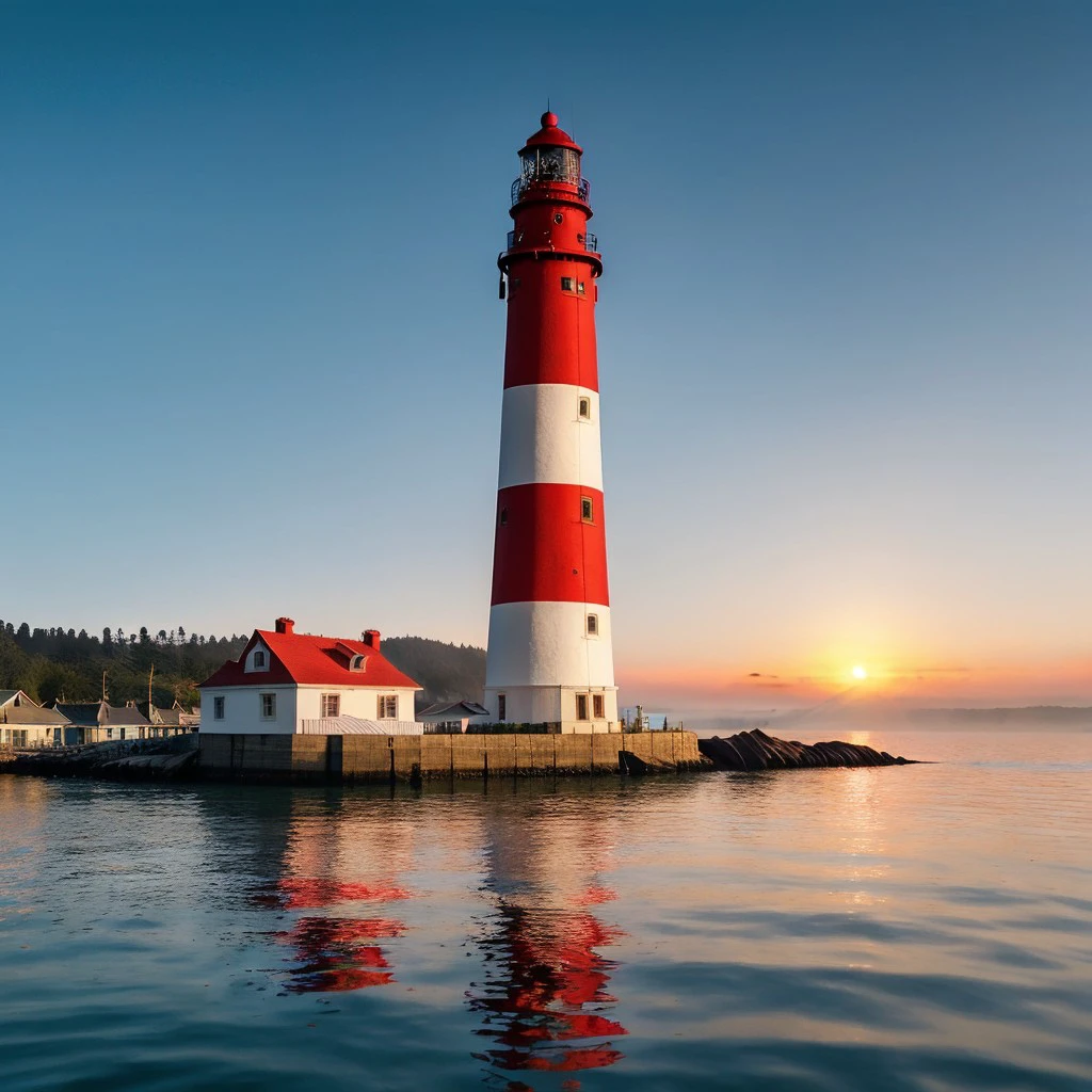 masterpiece, full scale wide-shot photo, intricate photo, surreal sunset, precisely detailed lighthouse with red-white colored ring-sections in the bay area near San Francisco in a fisher village, hazy fog on the water surface, foaming water, red and blue neon backlight, cyberpunk, atompunk, photo realistic, hyper realistic, highly detailed, sharp focus, high resolution, best quality, colorful, friendly colors, cozy outdoor lighting, 8K, <lora:LighthouseConcept5000:0.5>