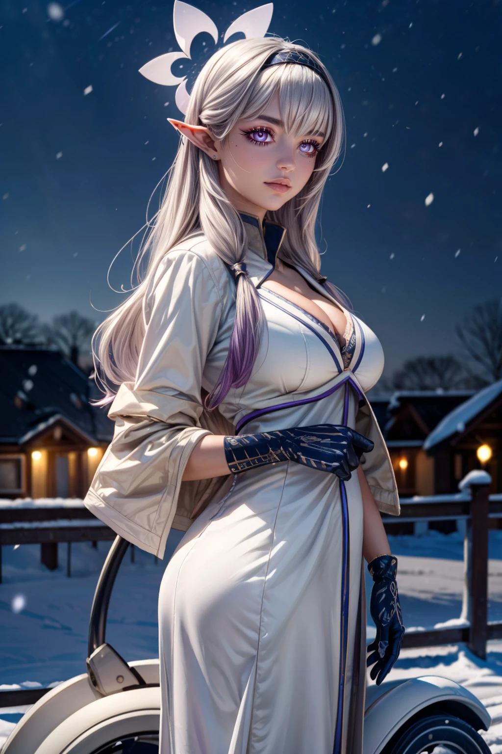 (ultra realistic,32k, masterpiece:1.2),(high detailed skin:1.1),( high quality:1.1), <lora:IllyasvielVonEinzbern_v1:0.7>, zzIllya, looking at viewer, night, outdoors, snowing, sky, BREAK,    <lora:Himari_BlueArchive_Citron:0.7>, zzHimari, purple eyes, black hair, long hair, pointy ears, mole, halo, hairband, grey hair, white hair white jacket, wheelchair, hair tubes, black gloves,  ,BREAK,  blooming stars, luminescent petals, otherworldly fragrance blurry background, (looking at viewer, standing:1.1), huge breast, large breast, <lora:add_detail:0.92>, (glowwave:1.1),