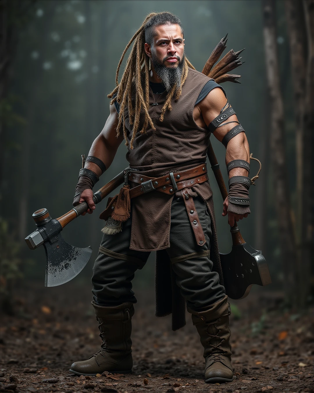 a z3usgh0stz man with dreads cosplaying of berserker with 2 axes, full body, 8k, hd, ultra realistic