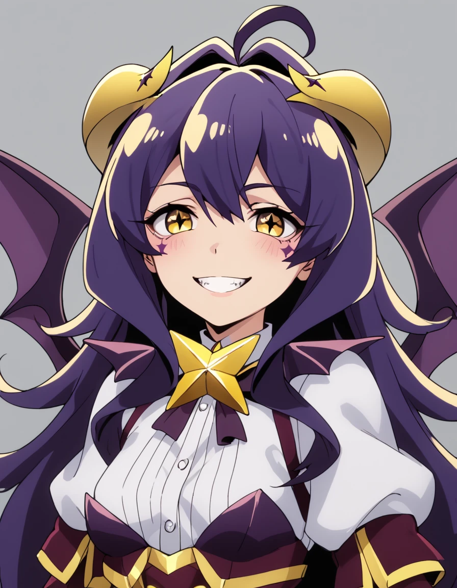 score_9, score_8_up, score_7_up, score_6_up, score_5_up, score_4_up, source_anime    <lora:GushingoverMagicalGirlsSet1:0.8>, soft smile, portrait,  MagiaBaiser_Full, long hair, yellow eyes, ahoge, purple hair, small breasts, facial mark, demon girl, magical girl, demon wings, sharp fingernails, low wings, star-shaped pupils, heart ahoge, yellow horns, lowleg pants