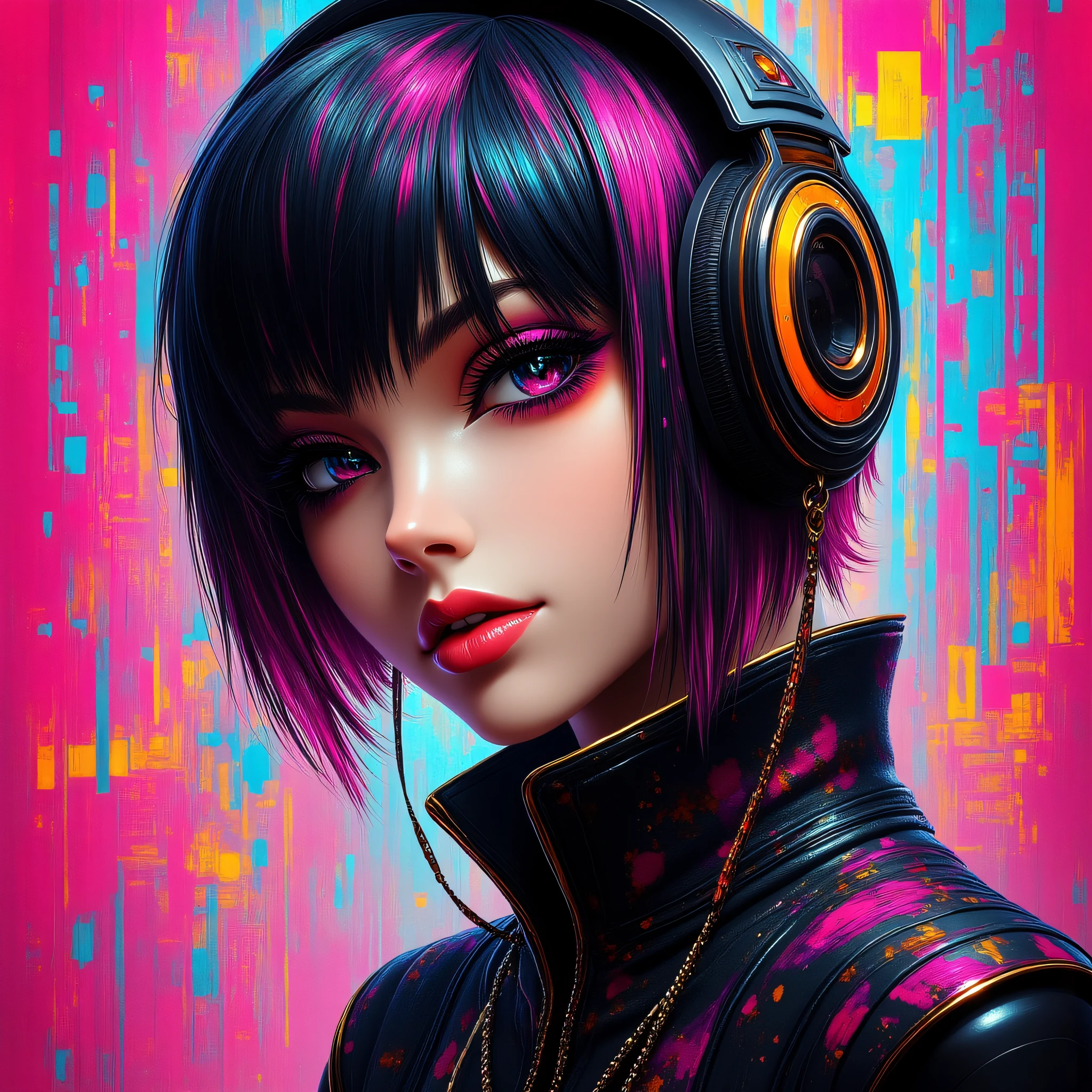 ArsFriends, masterpiece, ((inkpunk cell-shaded style)), realistic painting, portrait of a beautiful cyberpunk girl, mad-cybrpnkimprss, abstract background of cyberpunk street