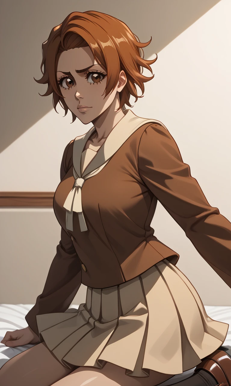 source_anime, source_bleach, score_9, score_8_up, score_7_up, source_hentai, dynamic, KUR0S4K1M4S4K1, kurosaki_masaki, medium hair, brown hair, (brown eyes:1.5), serafuku, ribbon, brown uniform, long sleeves, pleated skirt, socks, loafer, source_bleach, source_anime