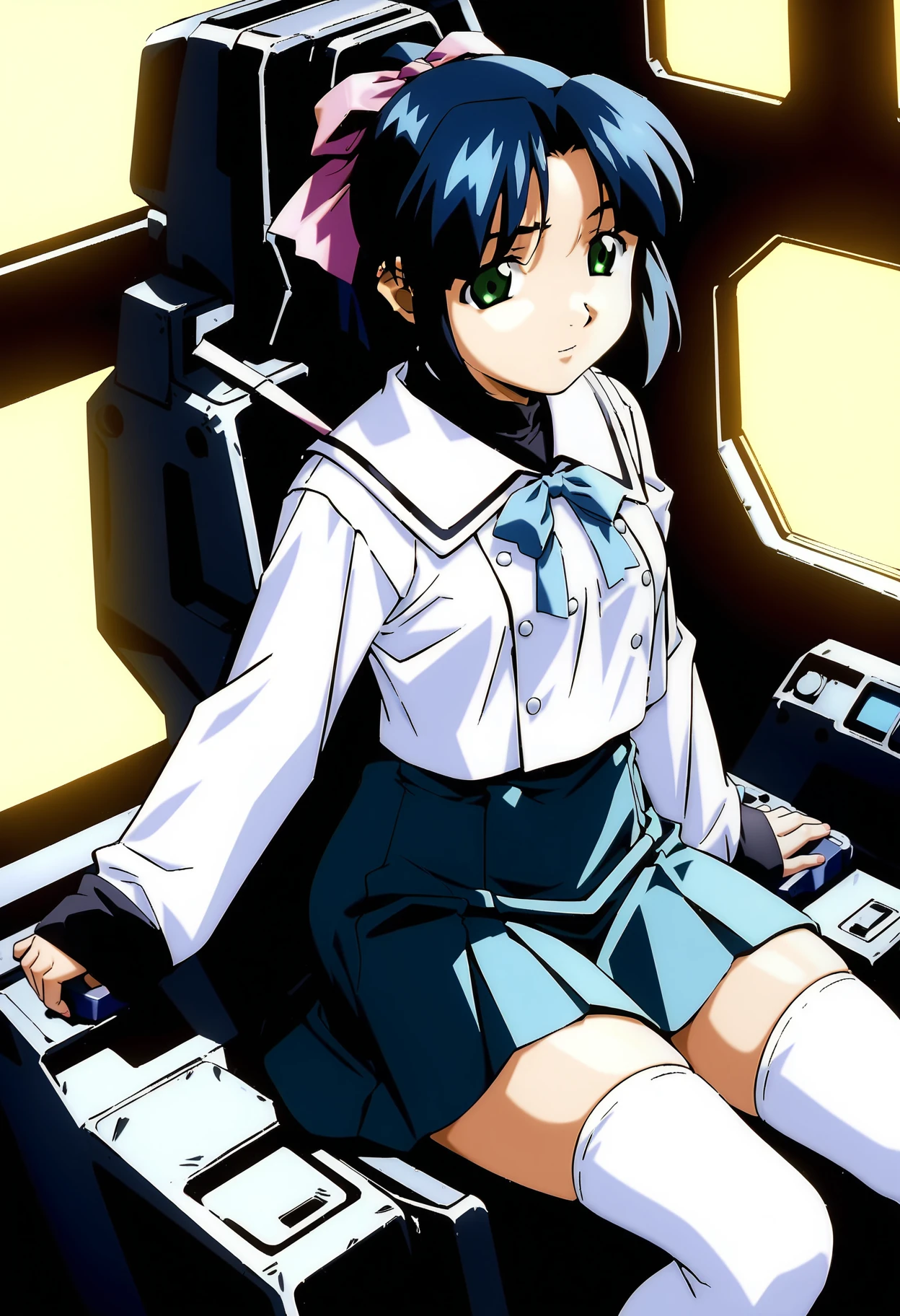 (masterpiece:1.2),best quality,very aesthetic,absurdres,rim light,1girl,<lora:h_ayano_v1:0.9>,ayano,blue hair,ribbon,ponytail,green eyes,white sara clothes,skirt,sleeves past wrists,long sleeves,white_thighhighs,sneakers,<lora:Fixhands_anime_bdsqlsz_V1:1>,looking_at_viewer,
<lora:gundamwingcockpitXL2:1>,gundamwingcockpit,joystick,sitting,, masterpiece,best quality, very aesthetic, absurdres, ultra detailed, high resolution, 4k, extremely detailed CG,