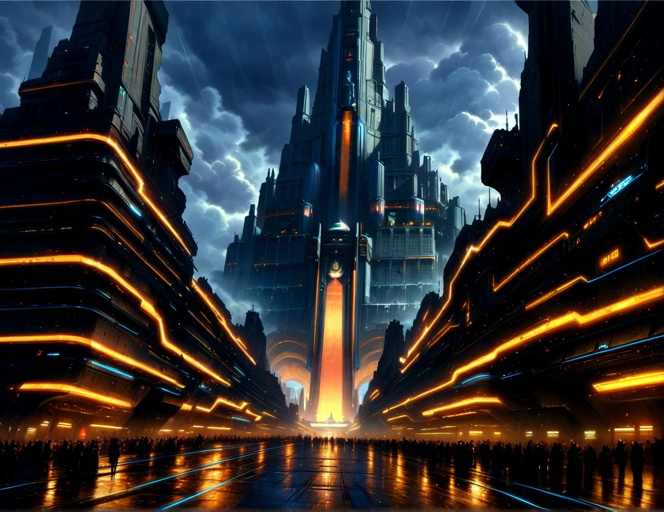 score_9, score_8_up, score_7_up,
<lora:Dystopian_Future_(Architecture)_(SDXL)_(AD):1> Dystopian Future, monumental architecture, architecture, city, cityscape, scenery, building, skyscraper, future, scifi, science fiction,  
8K, In'ei, chiaroscuro, rim lighting, perfect depth of field shot, beautiful, sharp focus, crisp details, subsurface scattering and reflections, god rays, ray tracing, 
idealized city, wide boulevards, busy city center, large plazas, plazas, photographic anime clouds and haze, dark rainy overcast skies, black clouds, abysmal haze, photographic realism, buildings, skyscrapers, metropolis, 8K CGI render, oppressive scale of architecture, black titanium, science fiction masterpiece, 
(in the style of and art by midjourney, greg rutkowski, raphael, James Gurney, Thomas Kinkade, ), 
BREAK zPDXL, zPDXLxxx, <lora:sdxl_lightning_8step_lora:0.4> <lora:detailed_notrigger:0.5>