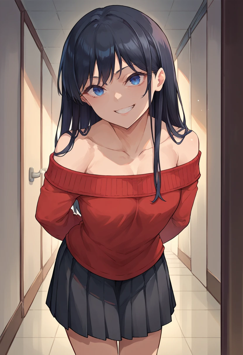 score_9, score_8_up, source_anime, 1girl, solo, RinNanakura, blue eyes, black hair, long hair, bangs, red sweater, off-shoulder, looking at viewer, black skirt, pleated skirt, hallway, grin, arms behind back, leaning forward, <lora:ChamRinNanakuraPonyXL:1>