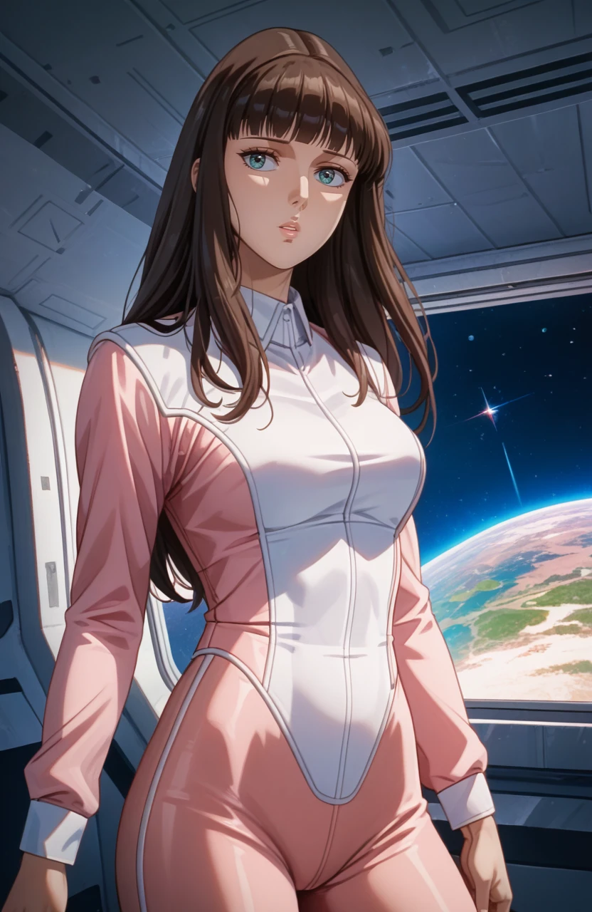 advancertinajoanne,best quality, masterpiece, uncensored, 1girl,solo,retro artstyle,1990s \(style\), 
,long hair,blunt bangs,brown hair,black hair,uniform,white shirt,collared shirt,pink uniform,spacesuit, lips, parted lips,cowboy shot,indoors,space,  <lora:AdvancerTinaJoanna4thtail:1>