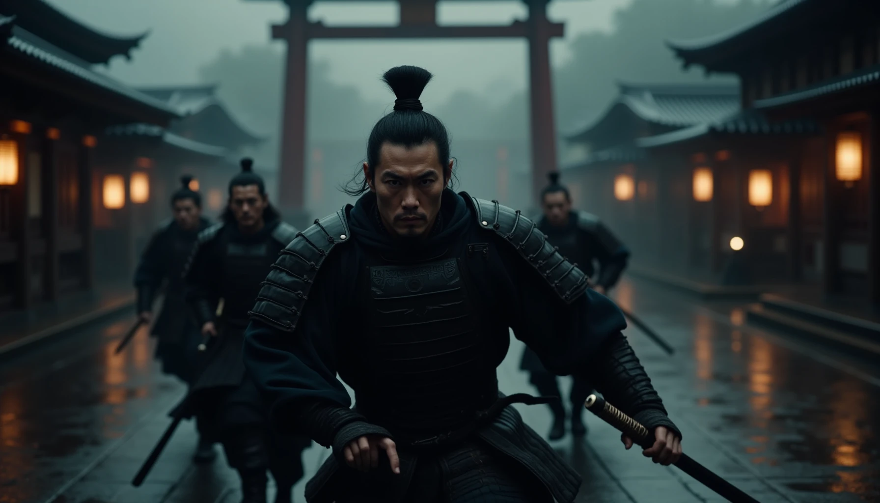 cinematic film still "The same samurai warrior from the previous scene, dressed in identical dark, battle-worn armor, charges forward with his katana drawn. His face, with intense focus, remains the same as in previous scenes, with the exact same facial features and hair style. Behind him, the same shrine courtyard with glowing lanterns and towering Torii gate is visible, maintaining the dark, misty atmosphere. Additional warriors follow closely behind, all wearing matching dark samurai armor that blends seamlessly with the lead warrior. The lighting remains consistent, with soft glows from the shrine's lanterns reflecting off the wet stone path, keeping the scene unified with earlier images. The entire composition ensures that all elementsâarmor, character design, and settingâare identical to the original images." . shallow depth of field, vignette, highly detailed, high budget, bokeh, cinemascope, moody, epic, gorgeous, film grain, grainy