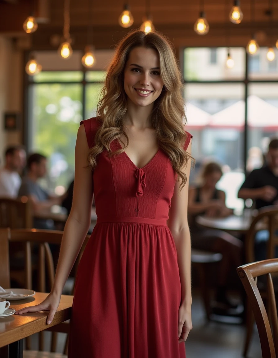 <lora:Bridgit_Mendler_Flux:1> beautiful detailed photograph, wearing a dress, standing in cafe looking at the viewer, smiling